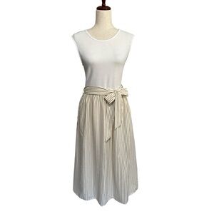 She + Sky White Top with Cream and Tan Striped Midi Skirt